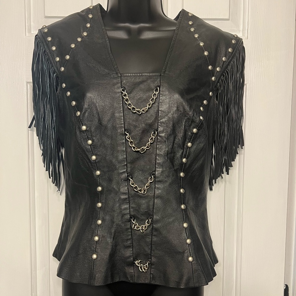 Black Leather Fringe Sleeveless Jacket with Chains Size M